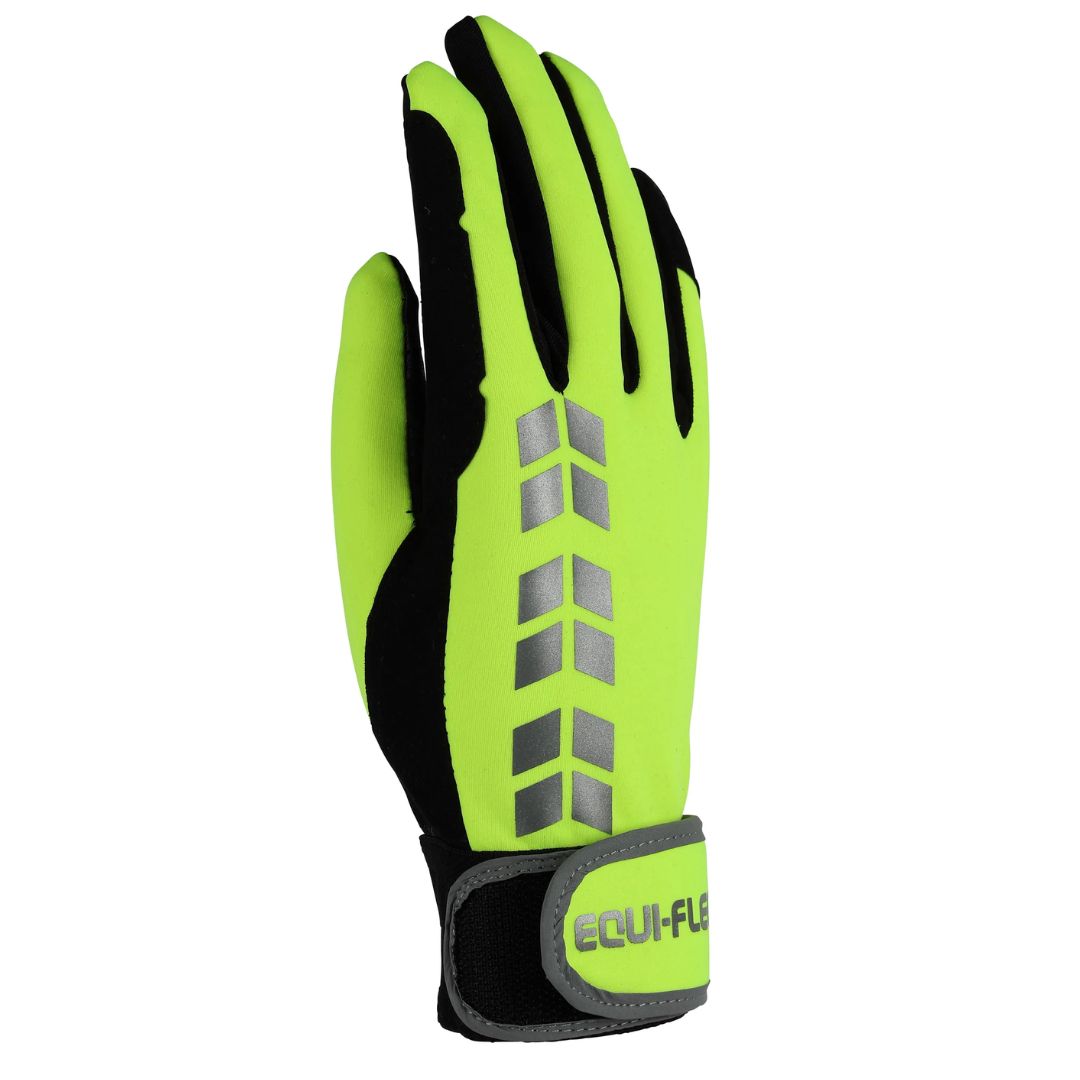 Yellow and black glove with reflective accents on a white background