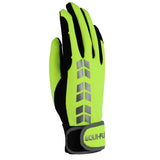 Yellow and black glove with reflective accents on a white background