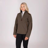 Woman wearing a brown pullover with a white background