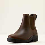 Ariat Langley H20 Variant Tobacco Brown. A dark brown leather Chelsea boot with a black sole, shown from a three-quarters angle against a light cream background.