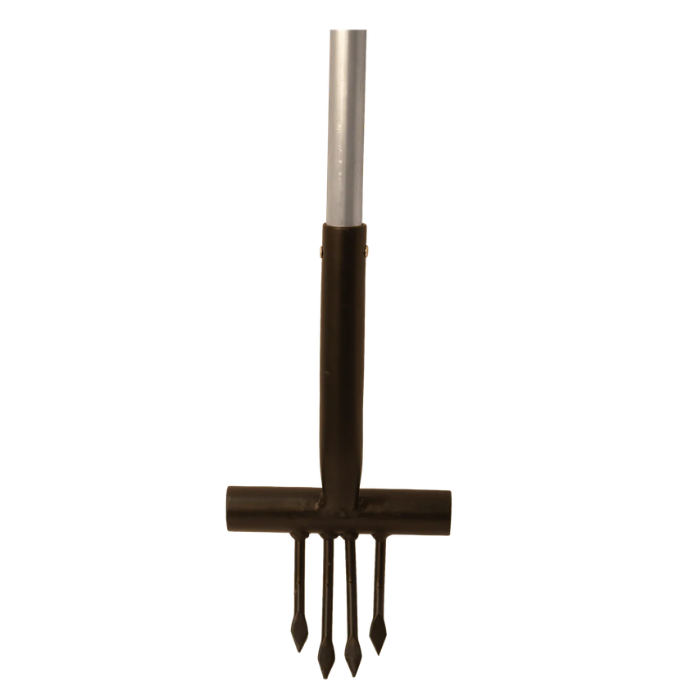 A garden hand fork with a black metal head and a silver metal handle, isolated on a white background.