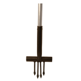 A garden hand fork with a black metal head and a silver metal handle, isolated on a white background.