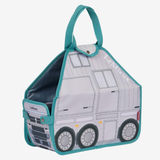 LeMieux AW26 Toy Pony Carry Bag Varient Printed Grey. A fabric grey bag with a horse lorry design and teal handle.