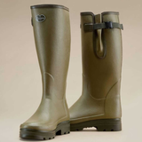Le Chameau Men's Vierzonord XL Neoprene Lined Boot Variant Vert. A pair of olive green rubber rain boots with black soles and a black ankle strap, shown against a solid beige background.
