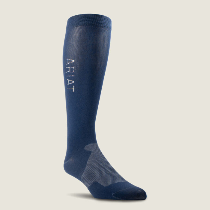 Long navy sock with the word 'Ariat' in glitter. 