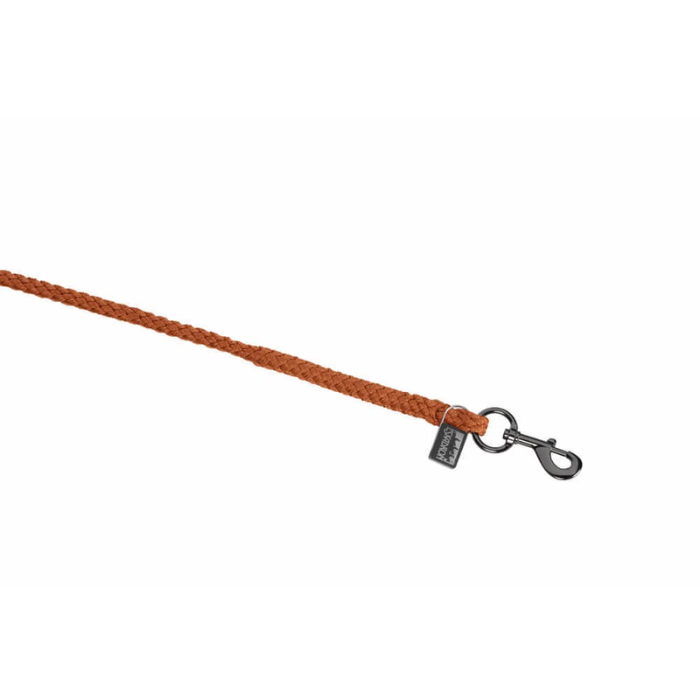 A close-up of a braided brown rope lead with a black metal swivel snap hook and a small branded tag, shown on a plain white background.