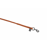 A close-up of a braided brown rope lead with a black metal swivel snap hook and a small branded tag, shown on a plain white background.