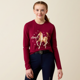 Ariat Yth Painted Dream Long Sleeve T-Shirt Varient Beet Red. Girl wearing a red long sleeve top with a horse graphic and Ariat branding. 