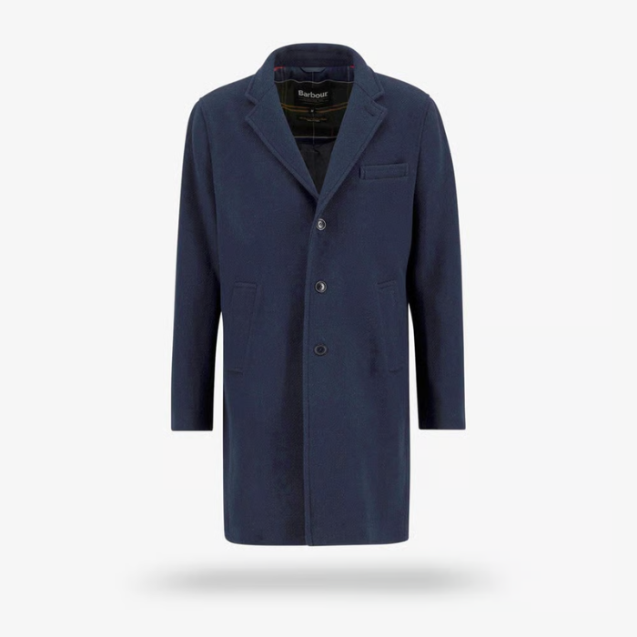 A navy blue wool-blend coat by Barbour, featuring a three-button front closure, notch lapels, and front patch pockets, shown against a light gray background.
