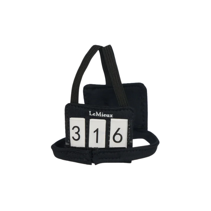 Black equestrian toy number bib with number display on a white background