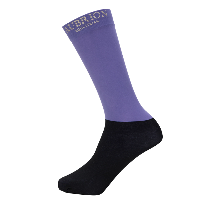 Purple and black sock with 'Aubrion Equestrian' branding on a white background