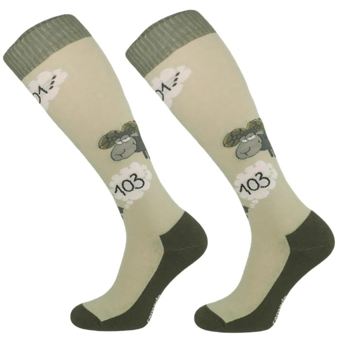 Olive socks with sheep pictures on white background