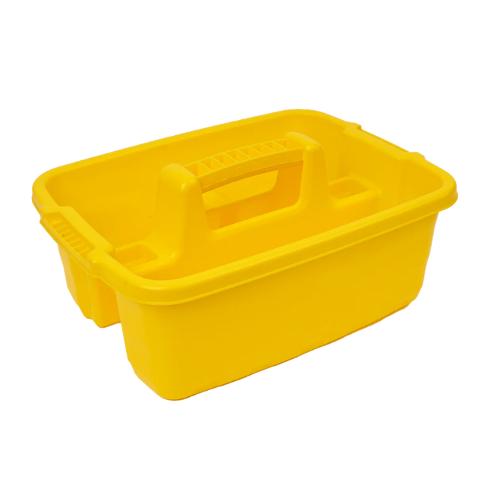 A bright yellow plastic utility storage basket with integrated handles, shown on a plain white background.