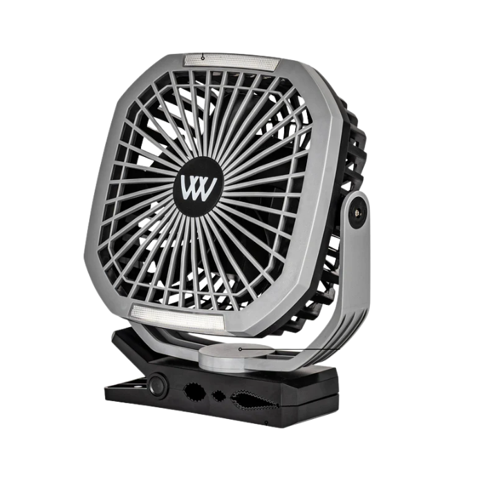 Miniture fan with cxlip by 'Woof Wear' gray and black on white background