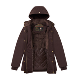 Holland Cooper Essential Waterproof Jacket Variant Bournville. A dark brown hooded parka jacket with gold-tone snap buttons and a quilted interior lining, displayed against a solid white background.