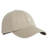 A light beige baseball cap with a curved brim and a small white embroidered monogram logo on the front, shown against a plain white background.