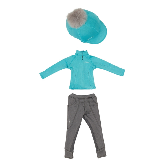 Dolls horse riding outfit blue and grey on white background