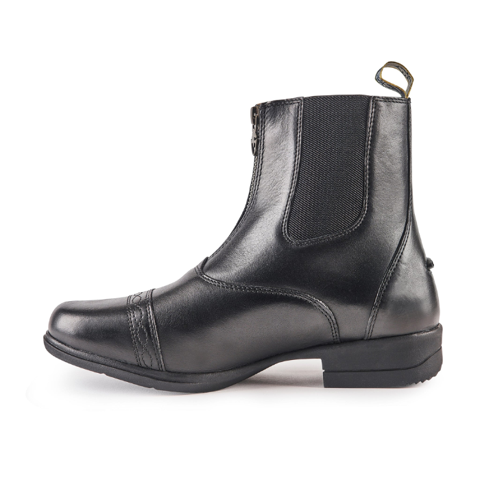 Black leather boot with a side zipper on a white background