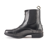 Black leather boot with a side zipper on a white background