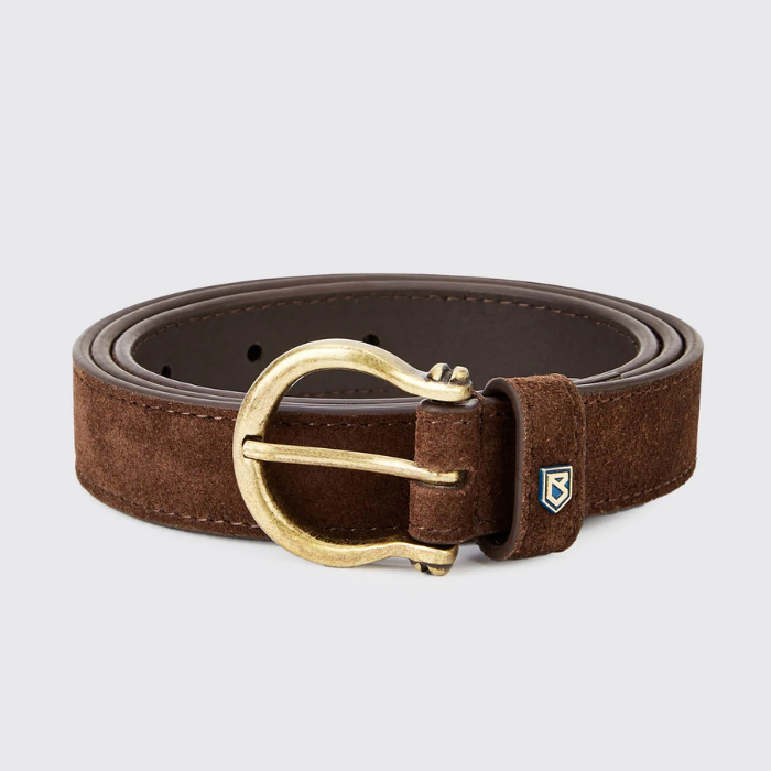 Dubarry Of Ireland Archway Belt Variant Cigar. A brown suede belt with a gold-tone metal buckle and a small shield logo on the keeper, shown on a light gray background.