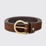 Dubarry Of Ireland Archway Belt Variant Cigar. A brown suede belt with a gold-tone metal buckle and a small shield logo on the keeper, shown on a light gray background.