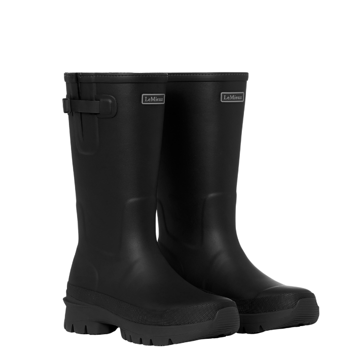 LeMieux AW26 Junior Bramshaw Welly Variant Colour Black. A pair of black wellingtons with 'LeMieux' brand name on white background. 