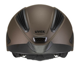 Brown riding helmet with 'uvex' branding on a white background