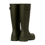 LeMieux AW26 Mens Bramshaw Welly Varient Olive. A pair of dark olive green rain boots shown from the back, featuring a buckle strap detail on the side, set against a plain white background.