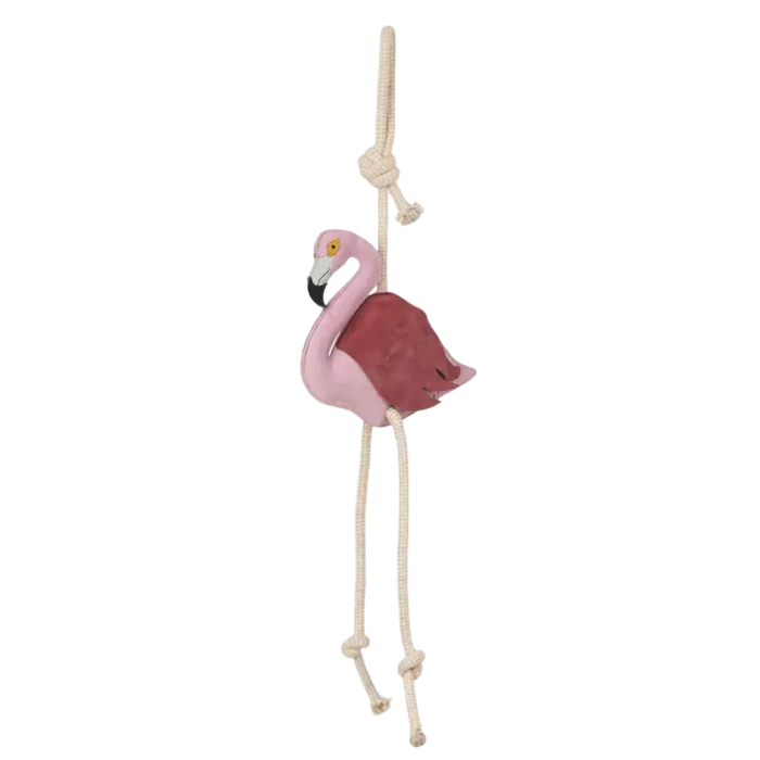 Plush flamingo toy hanging from a rope on a white background