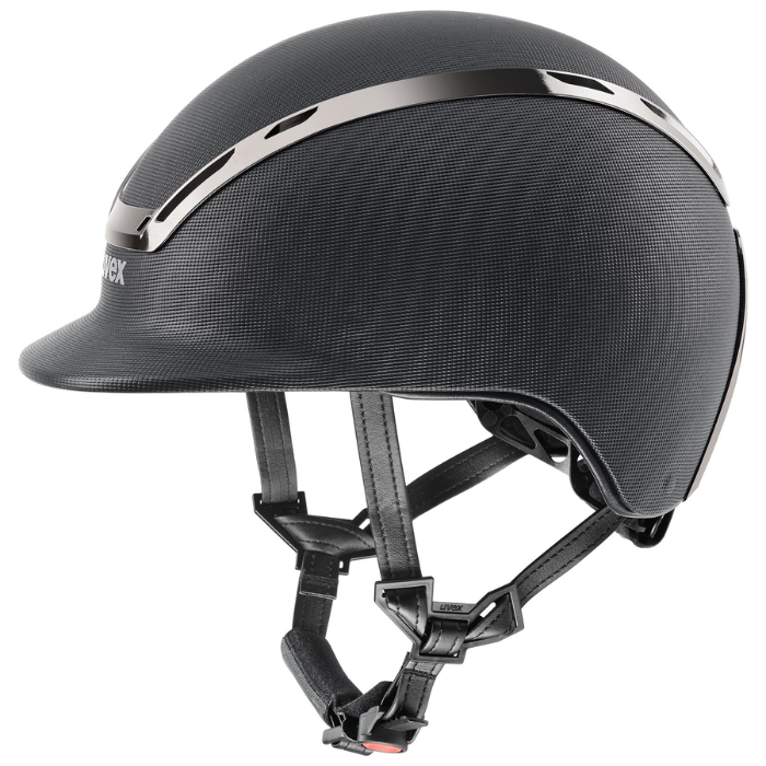 Black riding helmet with a silver brow bar on a white background