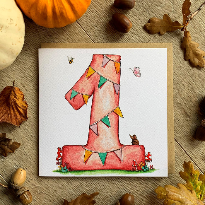 Greetings card on autumnal background 'Pink numbe 1'