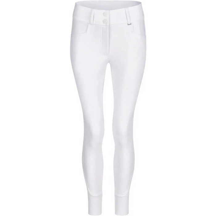 White riding breeches with a button fly closure and front pockets, shown on a plain white background.
