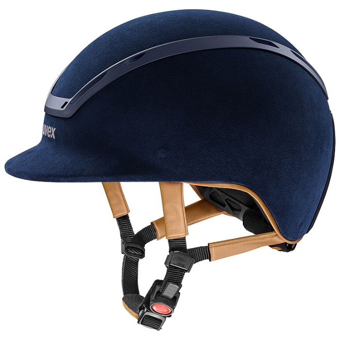 Navy riding helmet with brown straps on a white background
