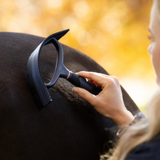 LeMieux AW26 Sweat Scraper varient Navy. A close-up lifestyle shot of a person grooming a dark horse outdoors. The person is holding a sweat scrape against the horse's dark coat, with a warm, golden background.