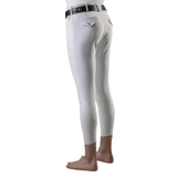 White riding pants on a mannequin with a black belt against a white background