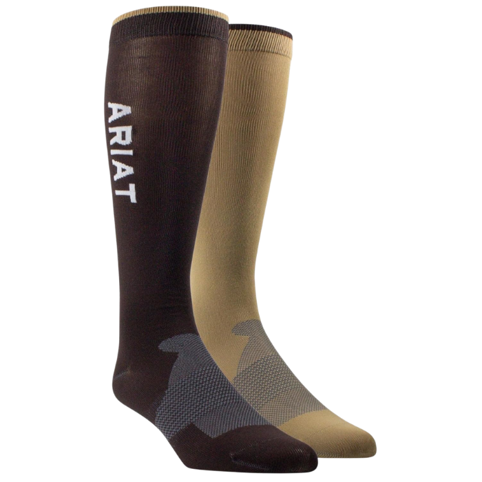 Two pairs of Ariat knee-high socks, one brown and one beige, on a white background.