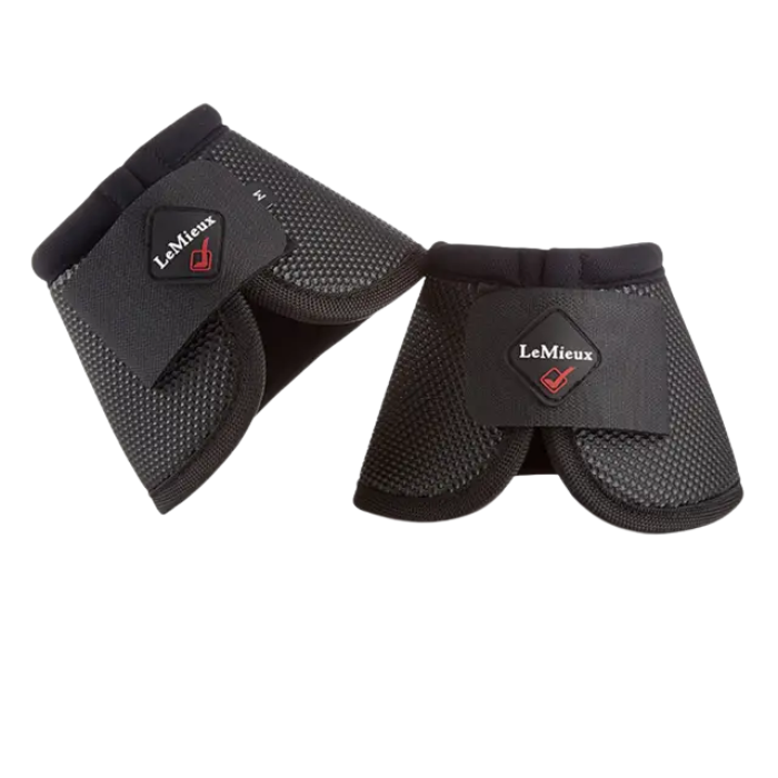Pair of black horse leg wraps with LeMieux logo on a white background