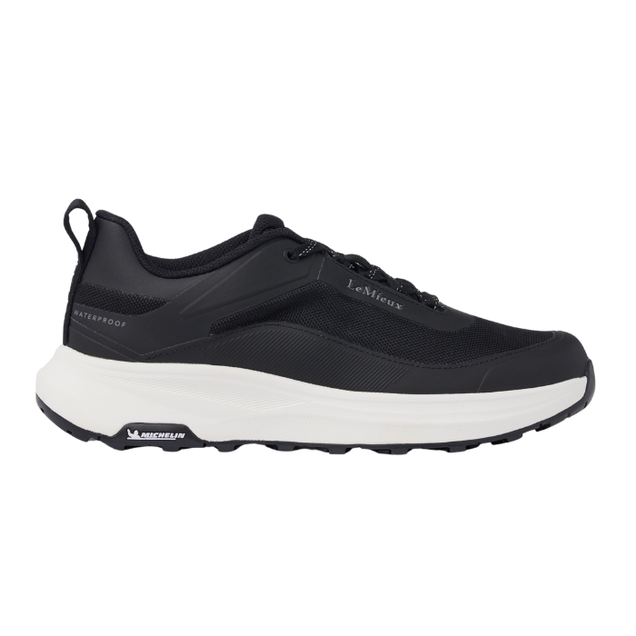 Navy trainer with white sole on a white background