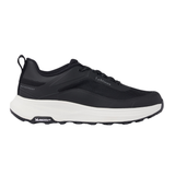 Navy trainer with white sole on a white background