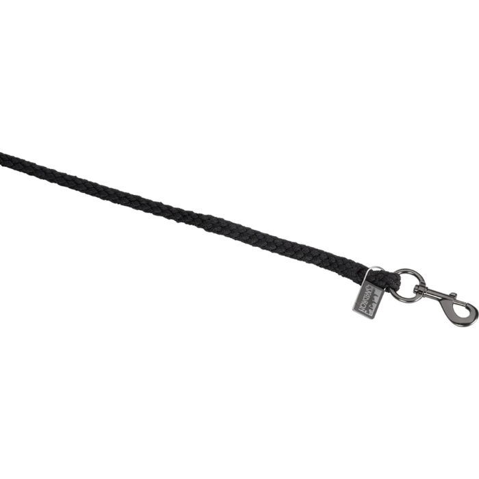 Black braided horse lead with a metal clasp on a white background