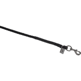 Black braided horse lead with a metal clasp on a white background