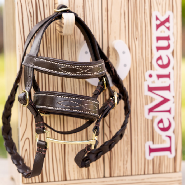 LeMieux AW26 Toy Pony Tack Locker Wooden Varient Brown. Close up of woodent tack box with toy pony bridle and LeMieux down the side. 