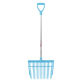 Blue garden rake with a D-shaped handle on a white background