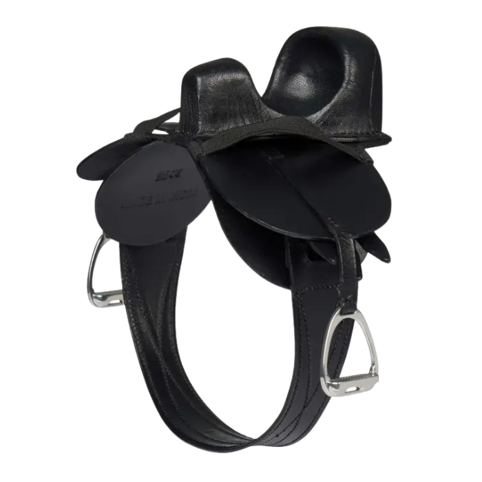 LeMieux AW26 Toy Rider Steady Saddle Variant Colour Black. a toy pony saddle in black with toy stirrups and girth on white background. 
