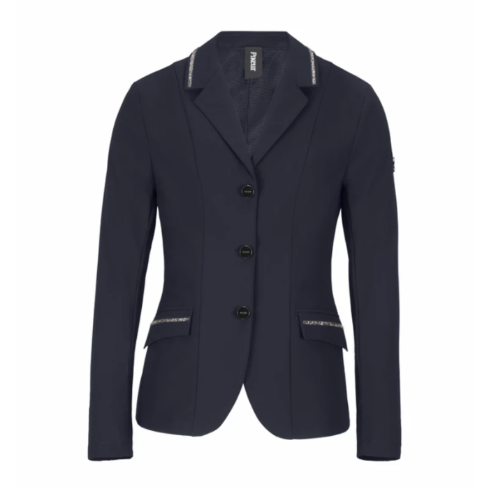 Navy blazer with white trim on a white background