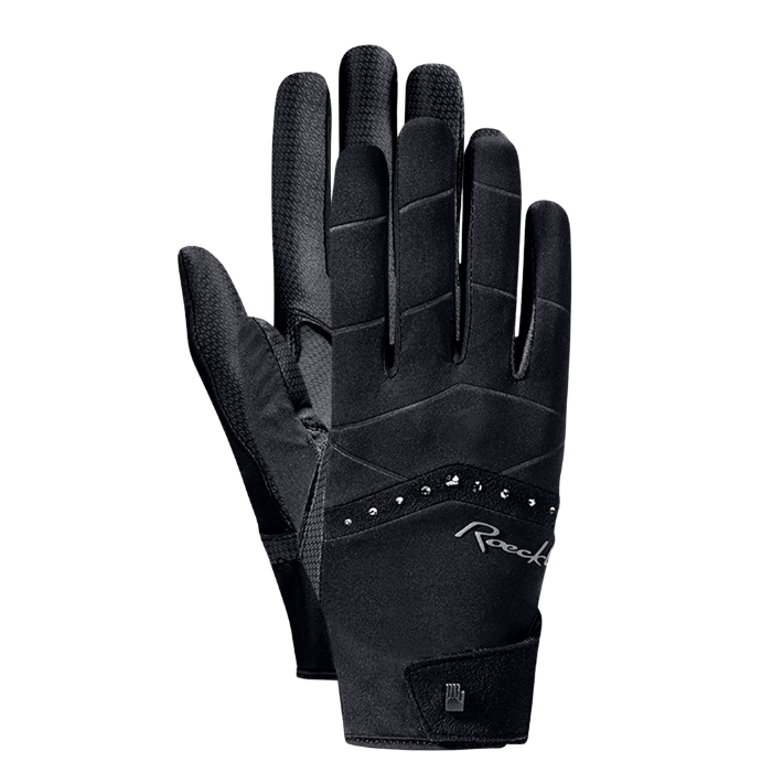 A pair of black Roeckl's insulated riding gloves shown against a plain white background, displaying both the back of one glove and the palm of the other.