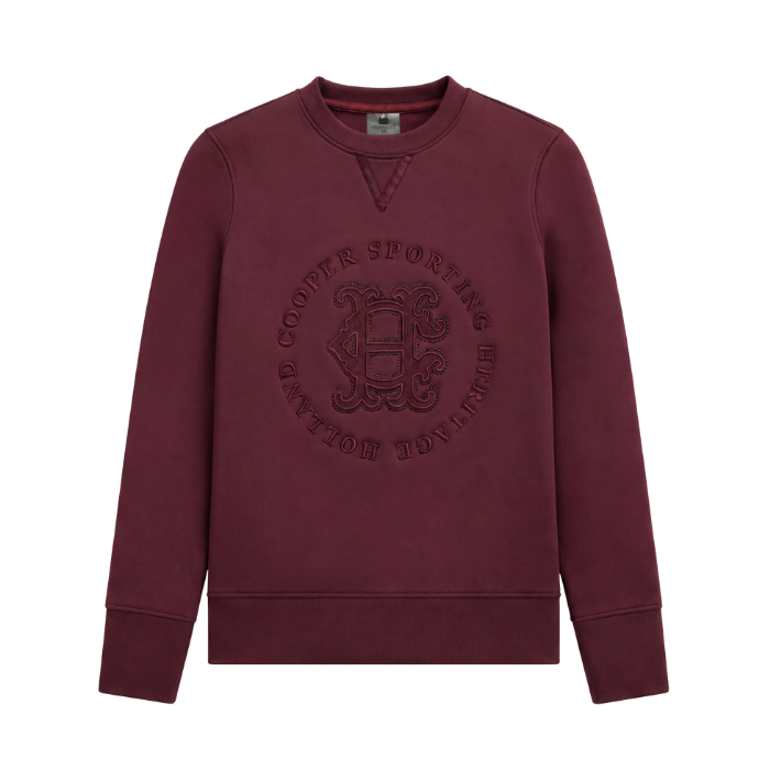 Holland Cooper Cranborne Crystal Crew Variant Mulberry. A crewneck sweatshirt in maroon with an embossed circular Coorpe Sports logo on the chest, displayed against a solid white background.