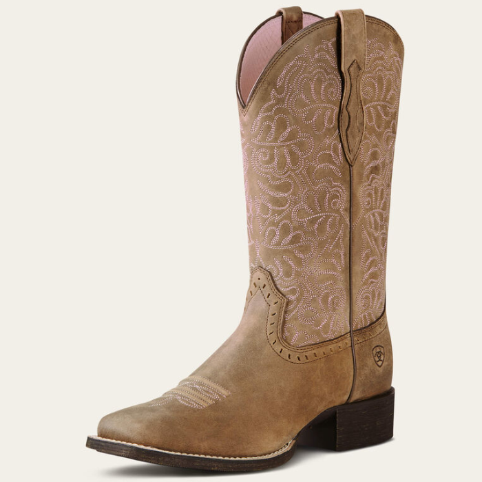 Ariat Ladie's Western Round Up Remuda Wide Toe Varient Brown Bomber. Brown western style boot with patterend pink stitcing and a small Ariat logo. 