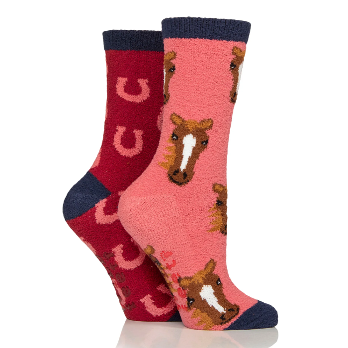 Two pairs of socks with horse designs on a white background