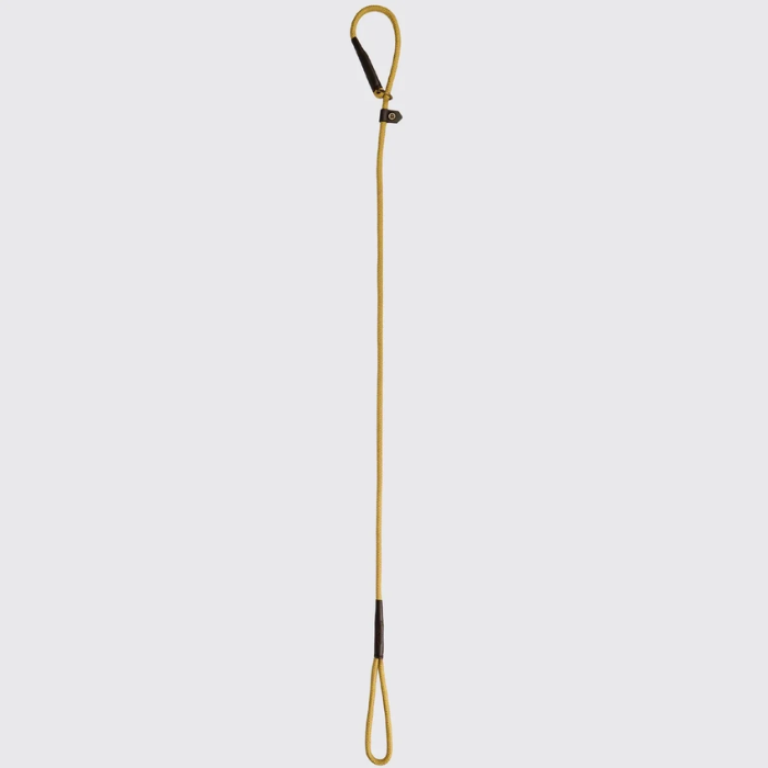  Gold rope dog lead with brown leather detailing on a white background. 